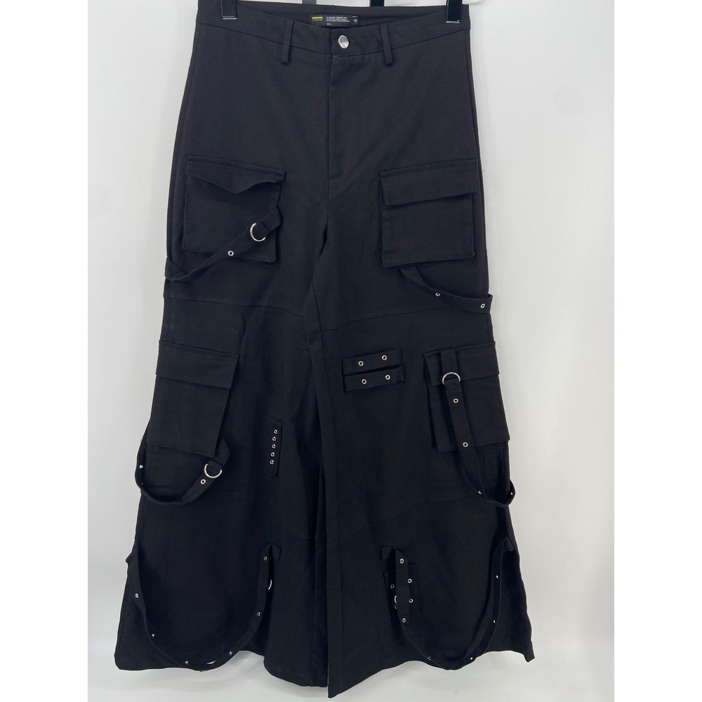 Finesse Pants Women Large Black Wide Leg Cargo Gothic Emo Rave Punk Steetwear
